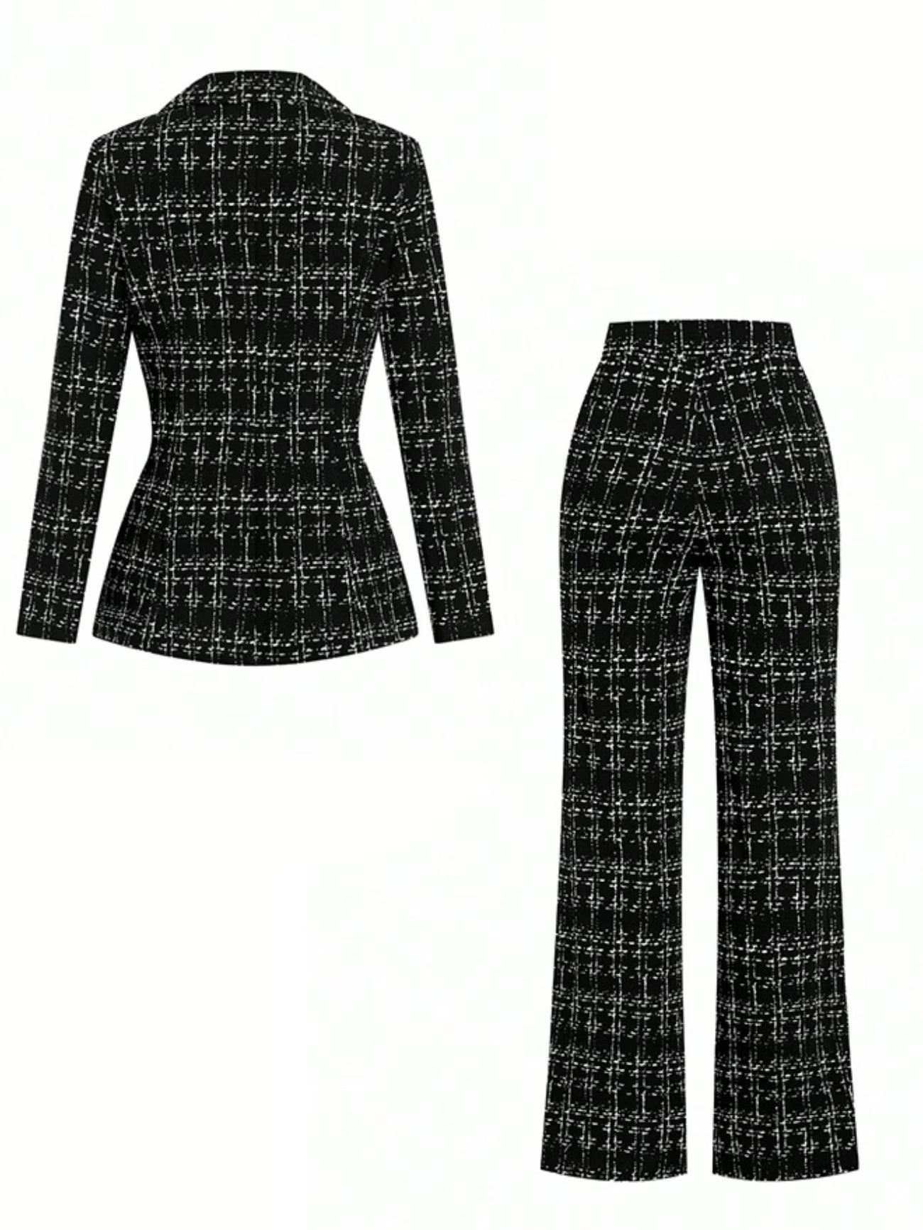 Local warehouseWomen'S Two-Piece Set Featuring a Plaid Blazer with a Single Button And Flared Trousers, Perfect for a Classic Office Look And Suitable for Work Or Casual Business Events