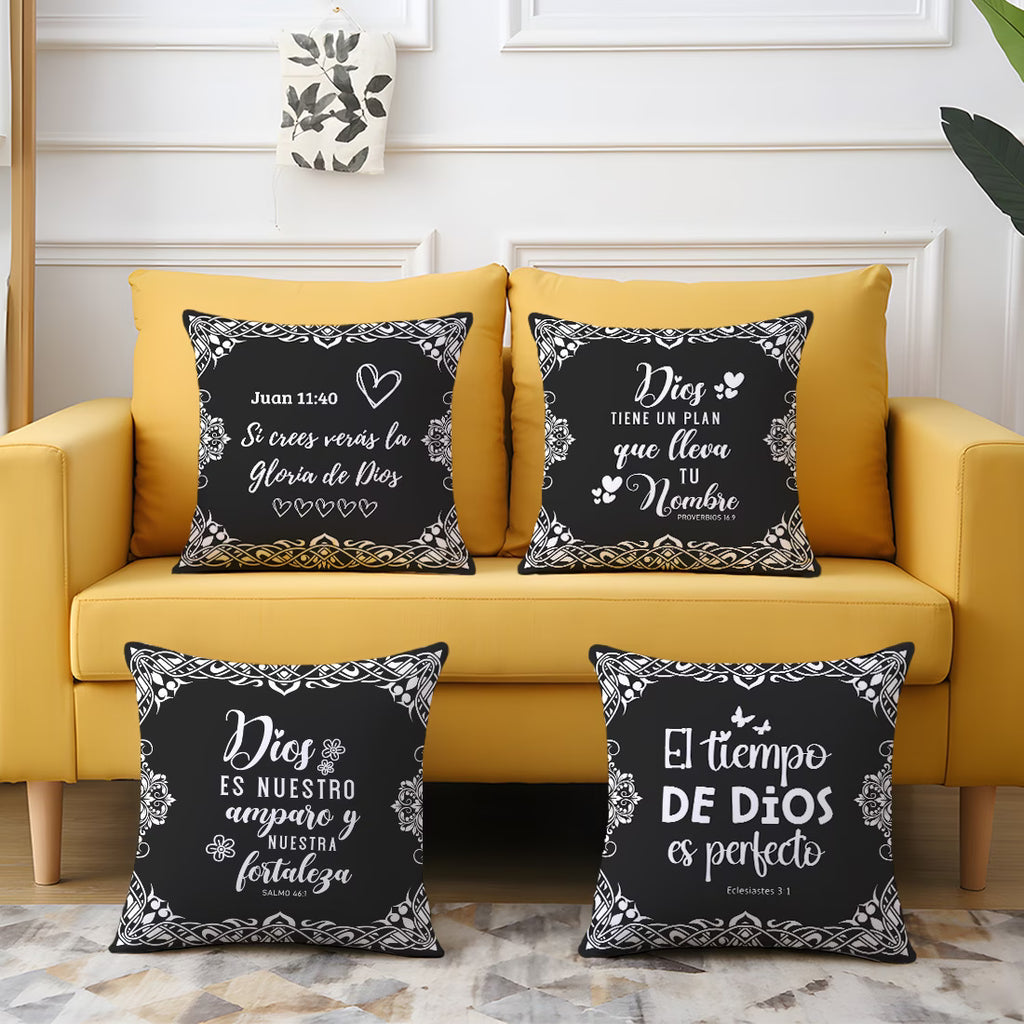 ✝️ Set de 4 Fundas de Cojín Cristianas – Citas Inspiradoras en Español