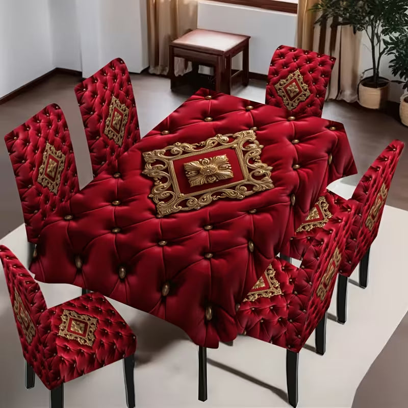 Classic Baroque Red Pillow, Chair Cover & Tablecloth Set (4–7 Pieces)