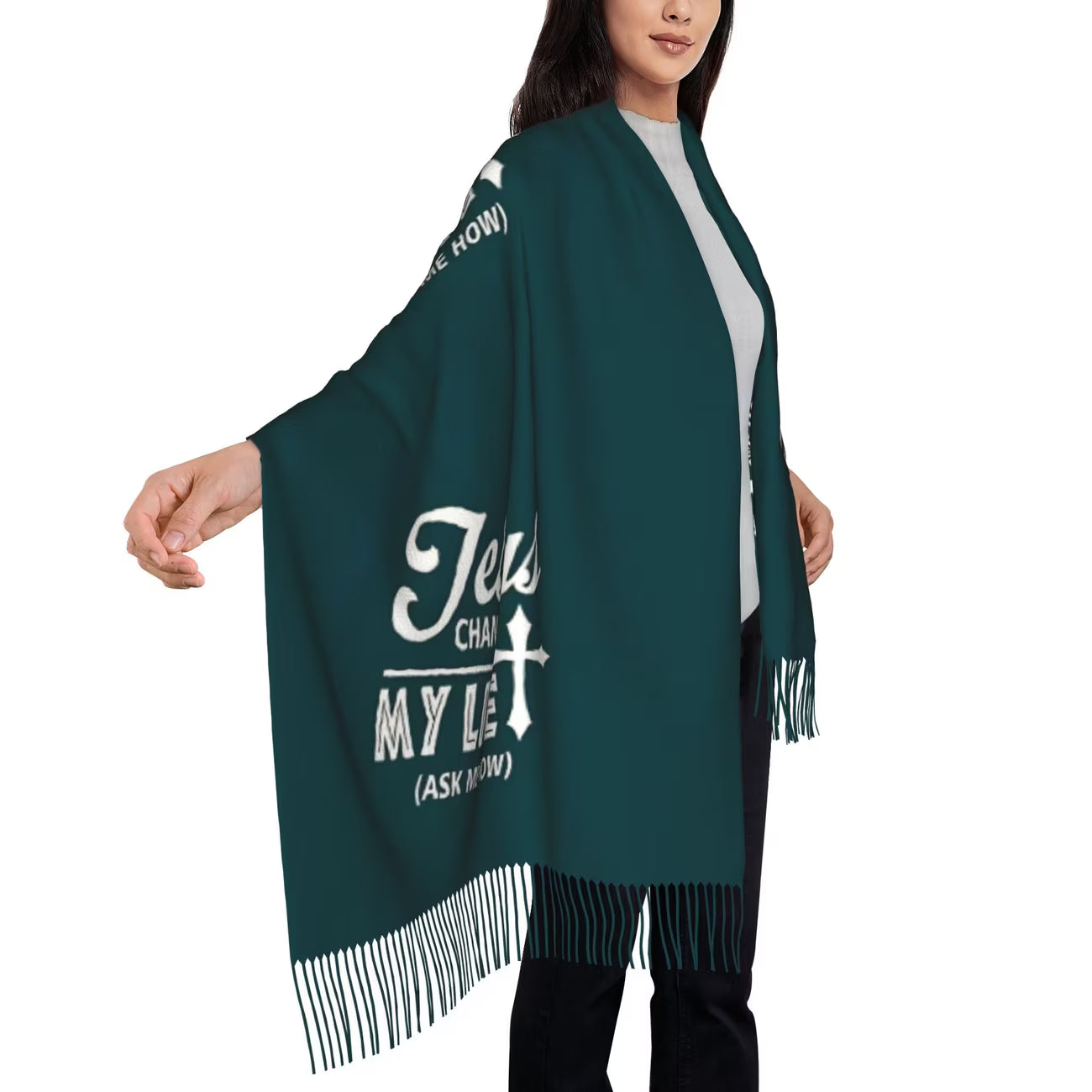 UNISEX Autumn & Winter Tassel Scarf – Vintage Knit with “Changed My Life” Christian Quote