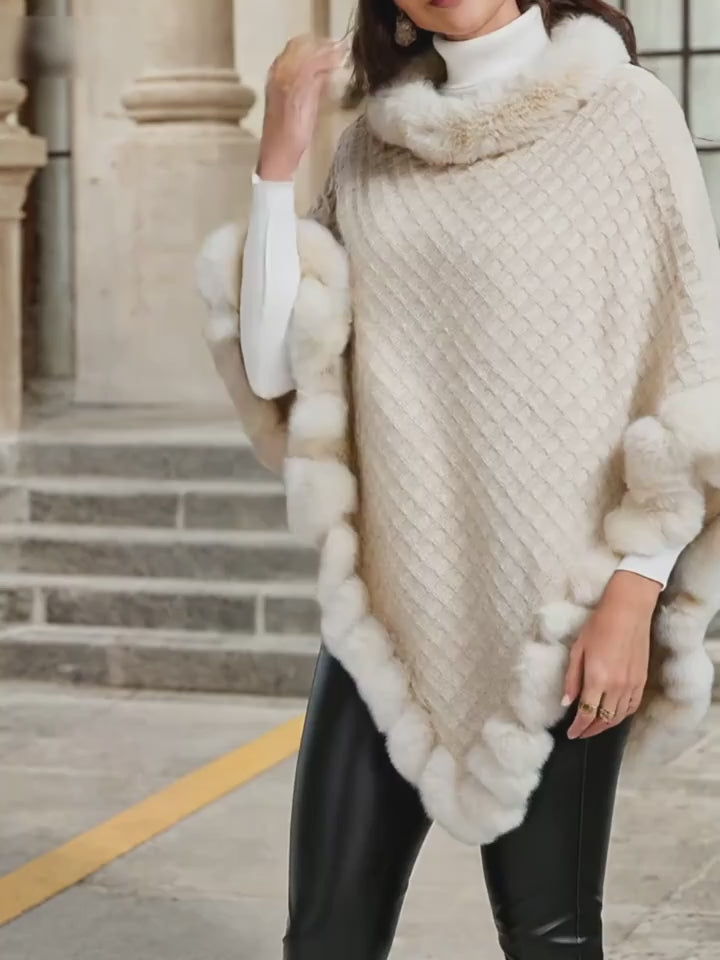 Elegant Special Edition “Pure Body Bust” Women’s Waffle Shawl Pullover – Faux Fur Collar, Solid Color