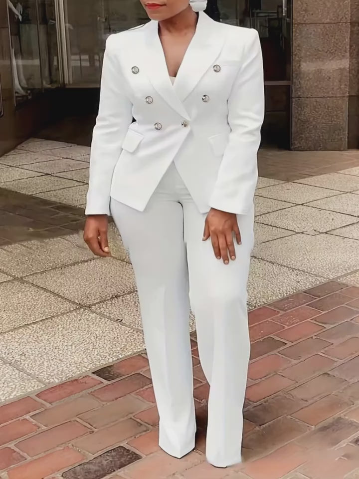 2-Piece Women’s White Double-Breasted Blazer & Straight-Leg Trousers Suit Set