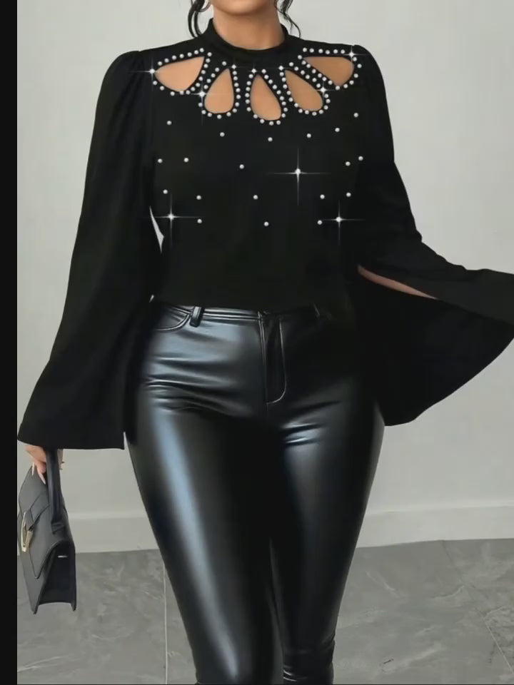 Plus Size Beaded Hollow-Out Flared Sleeve Commuter Shirt