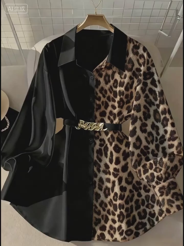 Women’s Elegant Patchwork Leopard Print Shirt – Faux Metallic Belt Detail