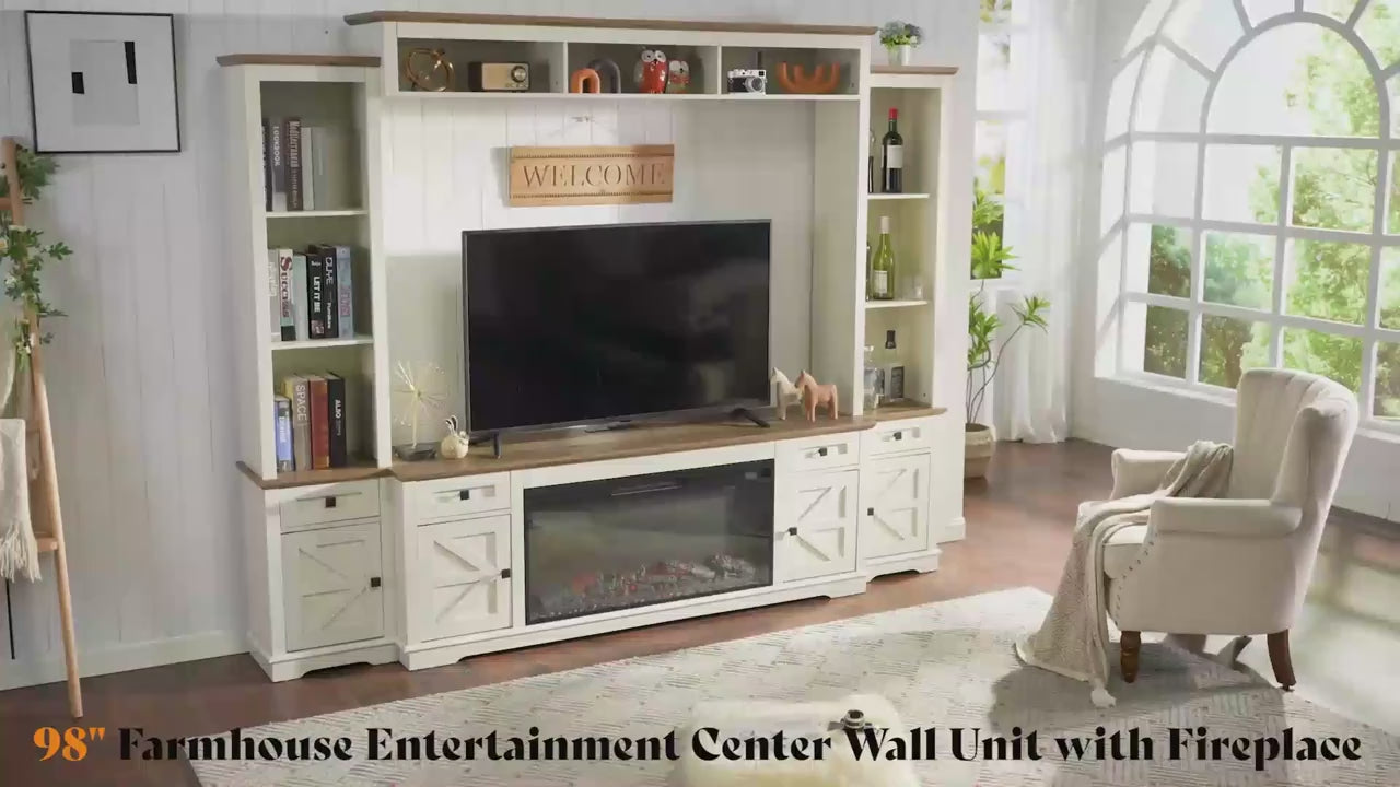 ALBOTT 98" Farmhouse Wall Entertainment Center with 36" Fireplace – Fast 1-Day Delivery 🚚