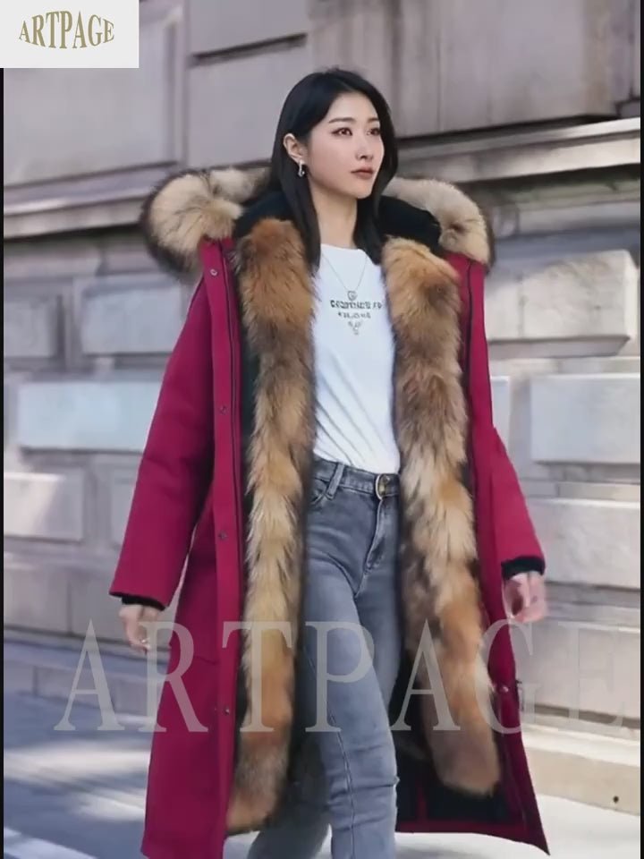 Women’s Winter Parka Jacket – Thickened Padded Coat with Faux Fox & Raccoon Fur