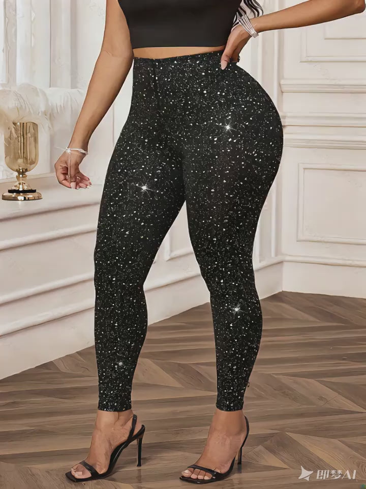 Plus Size Stylish Party Shiny High-Waisted Leggings – Autumn & Celebration Ready