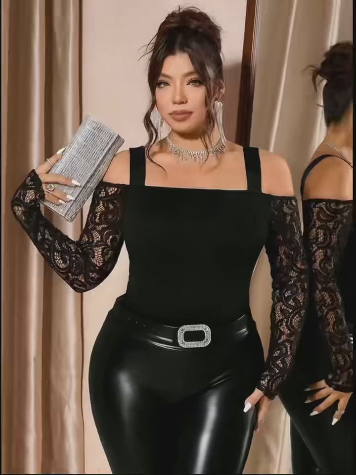 Plus Size Lace Patchwork Off-Shoulder Long Sleeve Camisole Top